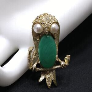 Vintage Owl Brooch, Green Lucite Body Clear Rhinestones, Mid-Century, Faux Pearl